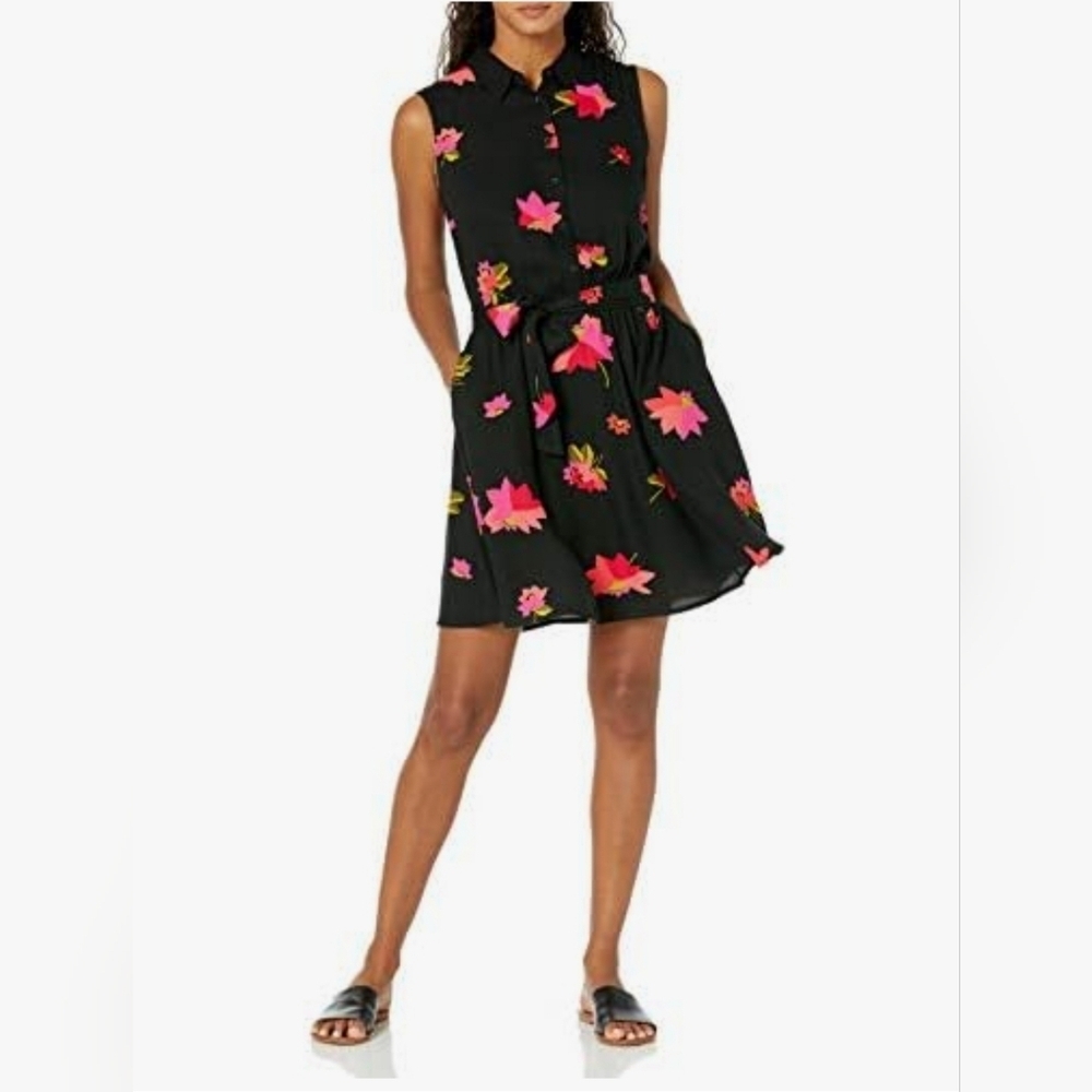 NWT Amazon Essentials Women's Sleeveless Woven Shirt Dress Black Pink Floral S